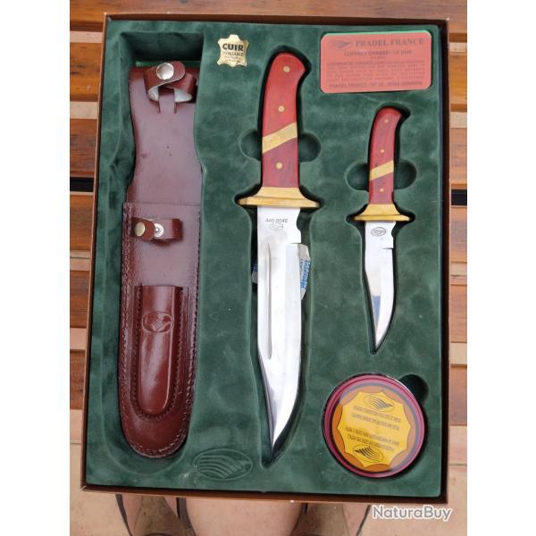 2 couteaux de chasse "LE DUO" de PRADEL style BOWIE avec tui et graisse d'entretien NEUF