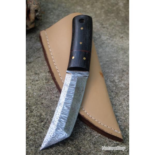 Couteau Kiridashi Tanto Damas Lame 256 Couches Manche Bois/Micarta Etui SImili Fab Artisanale