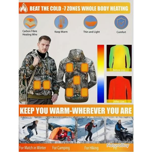 Sweat  capuche chauffant rglable  3 niveaux - Pull chaud d'hiver batterie non inclus !!