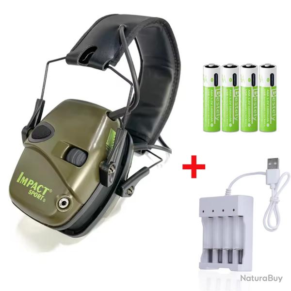 Pack Casque Anti-Bruit lectronique pour le tir, SPORT Vert + Piles rechargeables + Station
