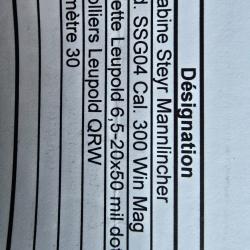 Carabine steyr mannlincher SSG04  300 win mag. AVEC lunette leupold 6,5-20×50 MIL DOT