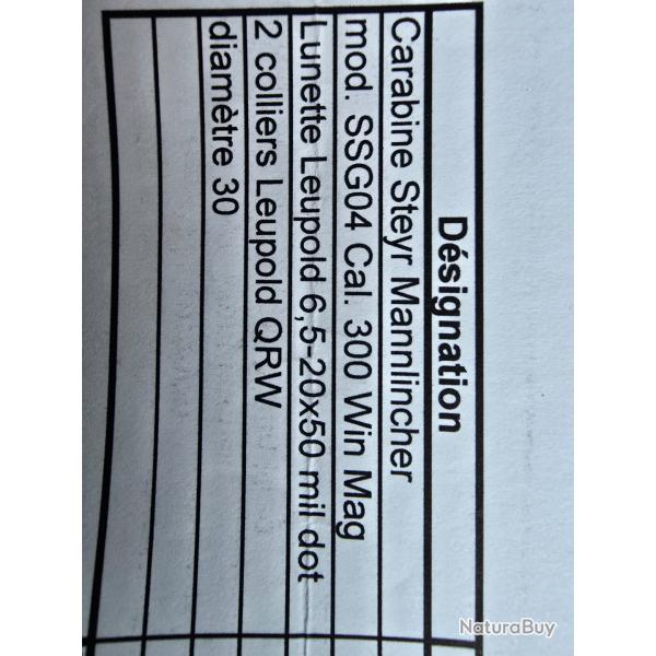 Carabine steyr mannlincher SSG04  300 win mag. AVEC lunette leupold 6,5-20×50 MIL DOT