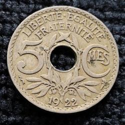 Monnaie France - 1922 éclair - 5 centimes Lindauer Cupronickel (Grade : TB) - ref N0836