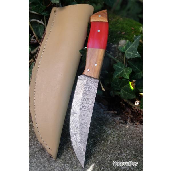 Couteau Skinner Damas Lame Trailing Point Acier 256 Couches Manche Bois/Rsine Etui Cuir F Artisanat