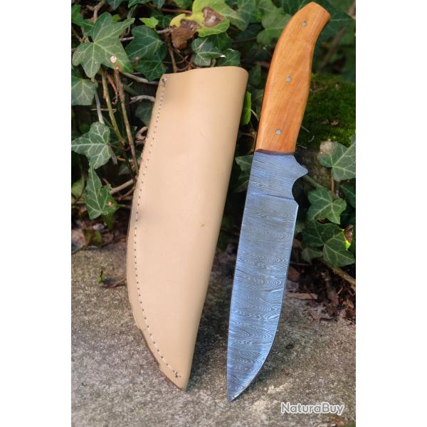 BIG Skinner Couteau de Chasse Damas Lame 256 Couches Manche Bois Fabric Artisanale Etui Simili Cuir