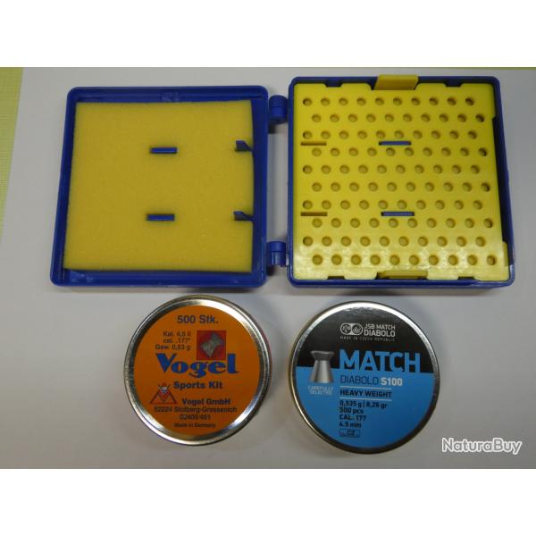 Lot de 1000 plombs 4,5mm/.177 (2x boites 500 NEUVES) + BOITE trieuse/rangement/transport x100