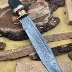 Couteau Bowie en Damas - Couteau de Chasse, Survie & Outdoor - Lame Plein Soie 200 Couches - FTM6