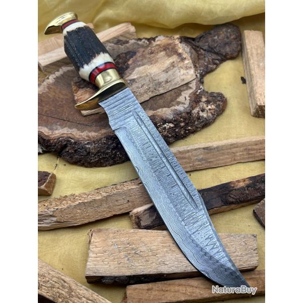 Couteau Bowie en Damas - Couteau de Chasse, Survie & Outdoor - Lame Plein Soie 200 Couches - FTM6