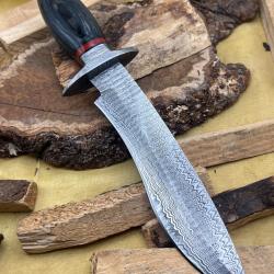 Couteau de chasse, de survie et de bushcraft fait main en Damas avec étui FTM9