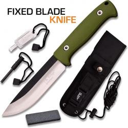 Couteau Lame Acier Inoxydable Bicolore Fixe Manche Vert Etui Elk