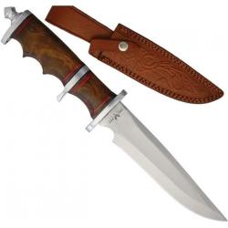 Couteau Tactical Combattant Lame Acier 440 Manche Bois Etui Cuir