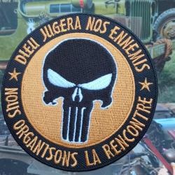 Patch brodé Dieu Jugera nos Ennemis - Diamètre : 90 mm à coudre ou à coller au fer à repasser