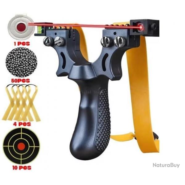 Pack lance pierre / Fronde de chasse noir avec laser, cibles, elastiques et billes en metal (