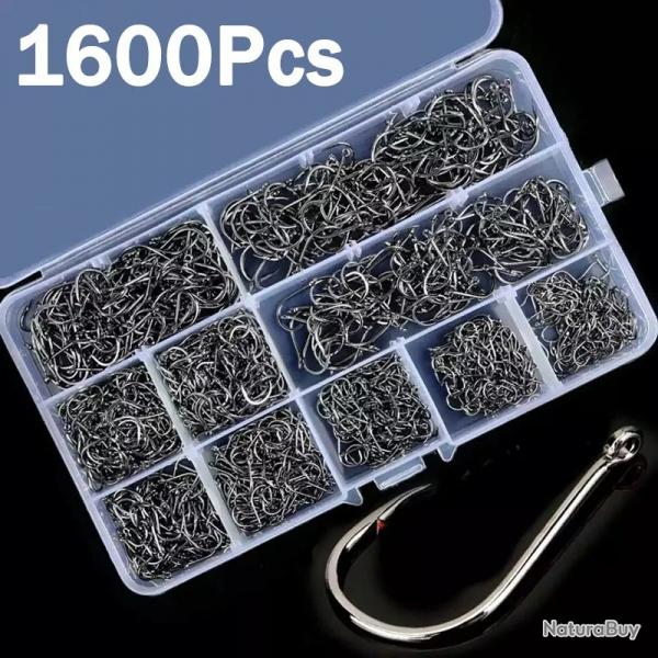 Lot de 1600 Hameons de pche en acier au carbone, hameon circulaire argent Leurre Appt bote