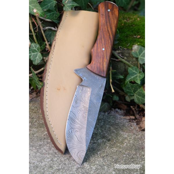 Bushcraft Couteau de Chasse Survie Lame Acier Damas 256 Couches Manche Bois Etui Cuir Fabr Artisanat