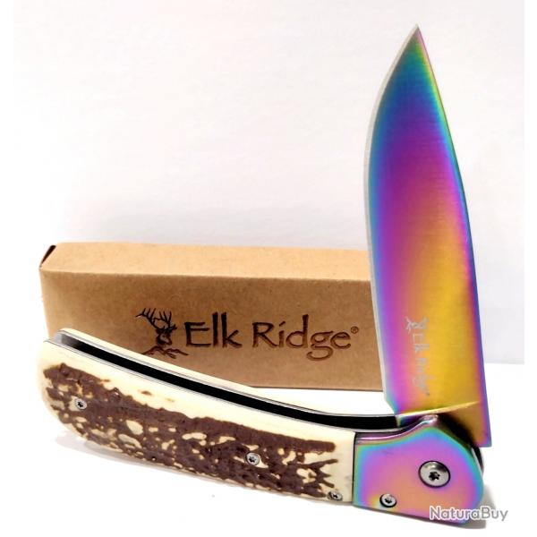 Couteau Elk Ridge A/O Lame Acier 3Cr13MoV Spectrum Manche Imitation Bois de Cerf Stag Liner Lock