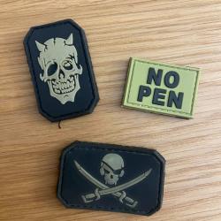 Lot 3 Écussons Tactical Patch No Pen tête de mort pirate Velcro beige noir PVC