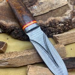 Couteau de chasse, de survie et de bushcraft fait main en Damas avec étui FTM11