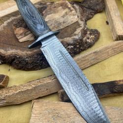 Couteau de chasse, de survie et de bushcraft fait main en Damas avec étui FTM12