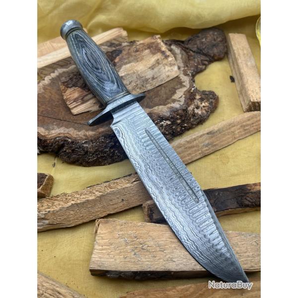 Couteau de chasse, de survie et de bushcraft fait main en Damas avec tui FTM12