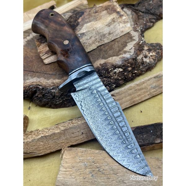 Couteau de chasse, de survie et de bushcraft fait main en Damas avec tui FTM13