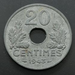 Monnaie France - 1943 - 20 centimes Etat français (lourde) (Grade : TTB) - N0678