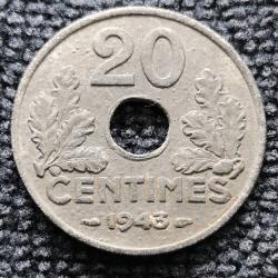 Monnaie France - 1943 - 20 centimes Etat français (lourde) (Grade : TB) - ref N0784