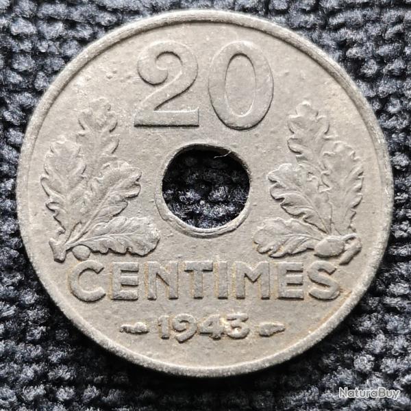 Monnaie France - 1943 - 20 centimes Etat franais (lourde) (Grade : TB) - ref N0784