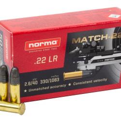 Cartouches Norma 22LR 2.6G/40GR MATCH-22 LRN Boite de 50