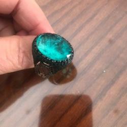 bague amerindien têtes de loups sculptés pierre tourmaline paraiba argent sterling 925