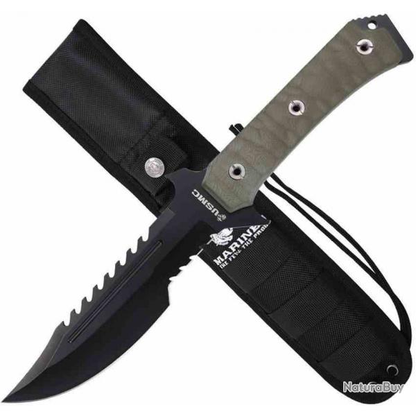 Couteau Tactical USMC Lame Acier 3Cr13MoV Manche G10 Green Etui Nylon USMFIX3006GN