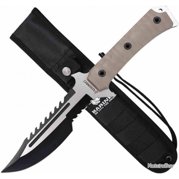Couteau Tactical USMC Lame Acier 3Cr13MoV Manche G10 Tan Etui Nylon USMFIX3006TN