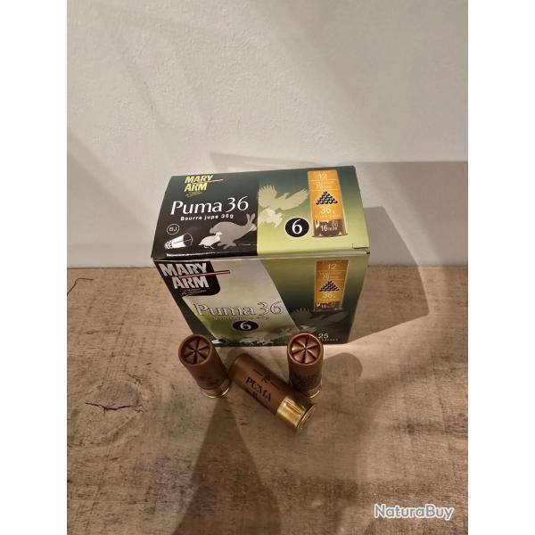 Carton de 10 boites de cartouches Mary Arm puma 36 12/70 plomb de 6 bourre jupe