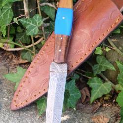 Couteau de Chasse Dague Damas Lame Acier 256 Couches Manche Bois/Résine Fabric Artisanale Etui Cuir