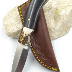 COTEAU  LAME Acier 3Cr13 Manche CORNE ET BOIS DE CERF Etui CUIR
