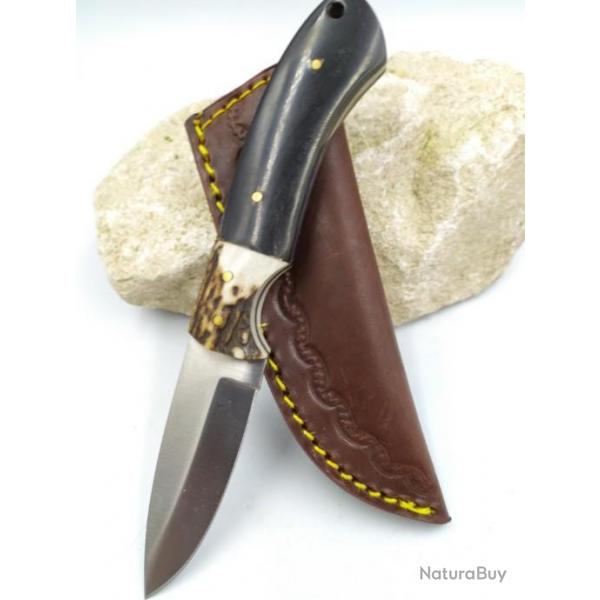 COTEAU  LAME Acier 3Cr13 Manche CORNE ET BOIS DE CERF Etui CUIR