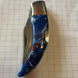 couteau lame damas ( manche bleu )