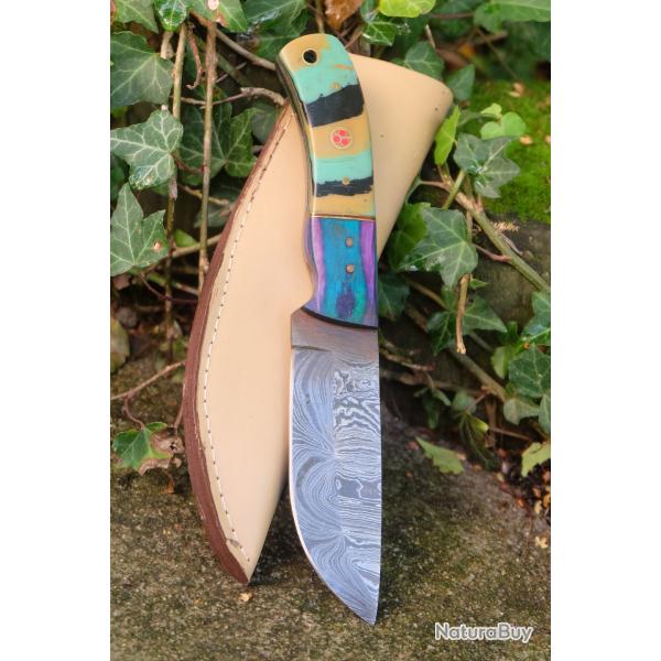 Couteau Skinner Damas Lame Drop Point Acier 256 Couches Manche Bois/Rsine Etui Cuir F Artisanale