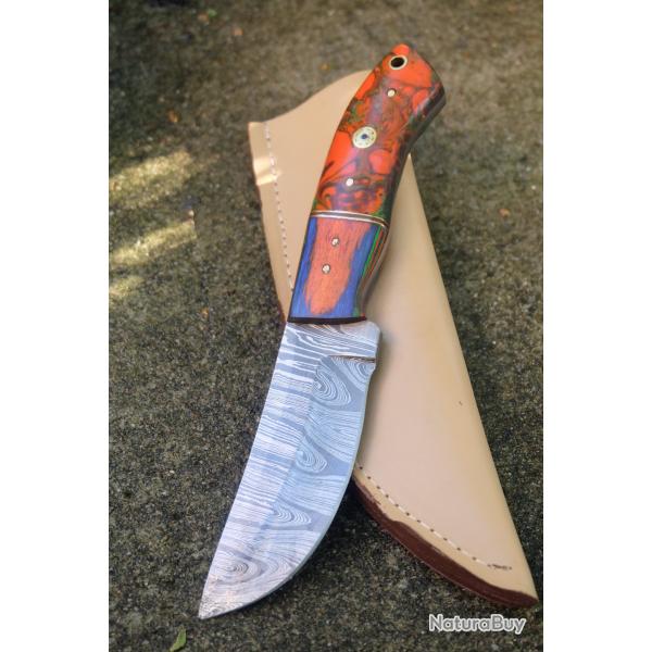 Couteau Skinner Damas Lame Drop Point Acier 256 Couches Manche Bois/Rsine Etui Cuir F Artisanale 01