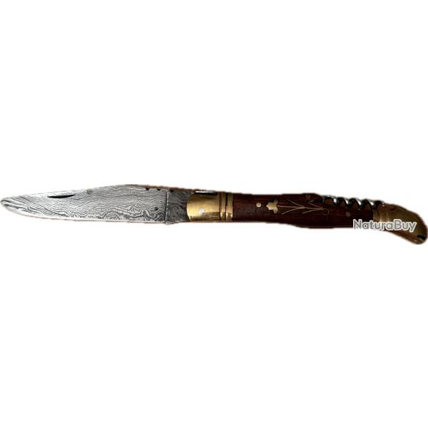 couteau de poche Laguiole Bougna damas manche incrust et tui Desyris en cuir