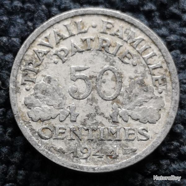 Monnaie France - 1944 B - 50 centimes Francisque lgre (0.7 gr) (Grade : AB) - Ref N1117