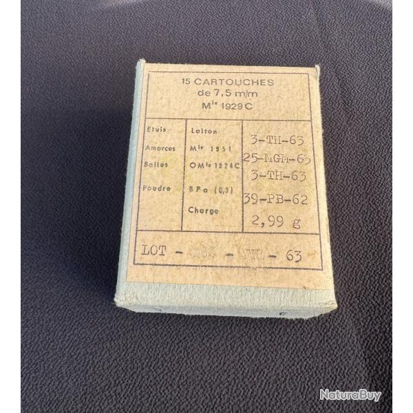 BOITE 15 MUNITIONS CARTOUCHES CALIBRE 7.5MM MODELE 1929 C 1939 - 7,5X54 MAS