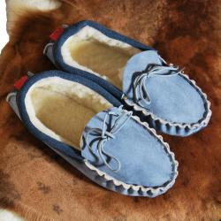 Chaussons mocassins homme chauds en peau d'agneau véritable bleu marine navy 40