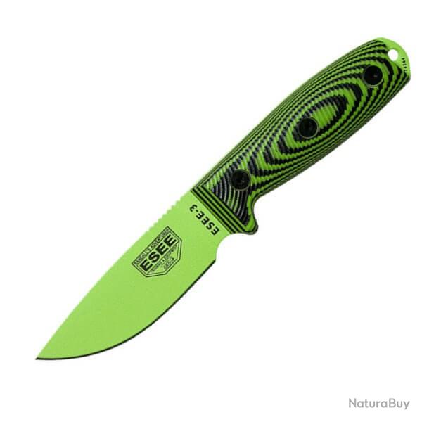 Couteau fixe de survie ESEE-3 manche vert/noir E3PMVG007