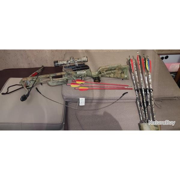 Arbalte Camo jaguar crossbow avec lunette de tir, carquois, 9 traits, 4 avec pointes de chasse,