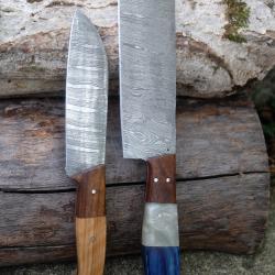 Lot de 2 Couteau : Couperet Style Japonais Kiritsuke Damas Lame 256 Couches Manche Bois Artisanale D