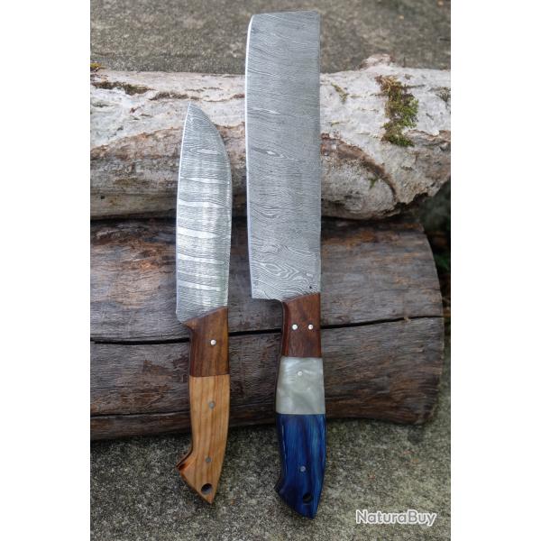 Lot de 2 Couteau : Couperet Style Japonais Kiritsuke Damas Lame 256 Couches Manche Bois Artisanale D