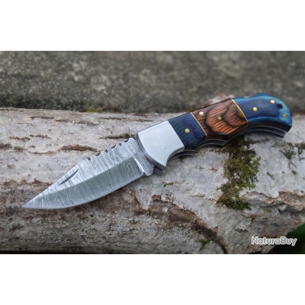 Couteau Lame Damas 128 Couches Manche 2 Bois Faon Buck 112 Lockback Fabr Artisanale