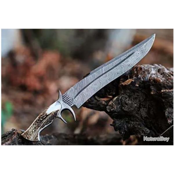 Magnifique couteau de chasse damas - Bois de cerf - Pointe double tranchante