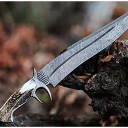 Magnifique couteau de chasse damas - Bois de cerf - Pointe double tranchante (2)